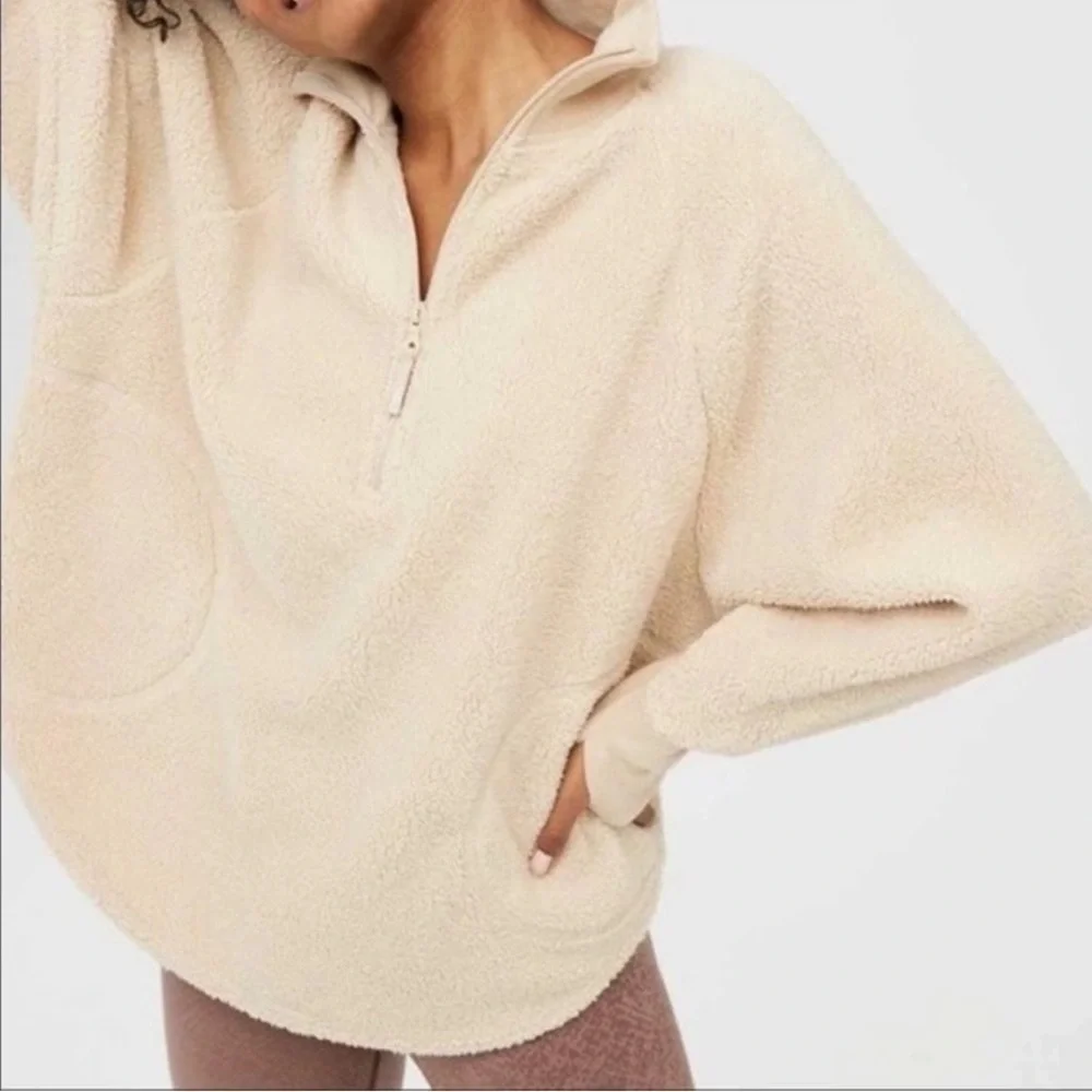 AERIE Offline Cream Tan Sherpa Fleece Quarter Zip Pullover XS - Picture 6 of 7